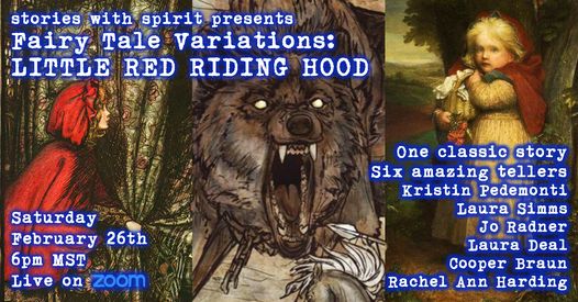 Promotional flier for Little Red Riding Hood Storytelling show, with images of a little girl in a red cloak and a wolf.