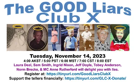 Flier for Good Liars Club X show, with baby and childhood photos of the storytellers.
