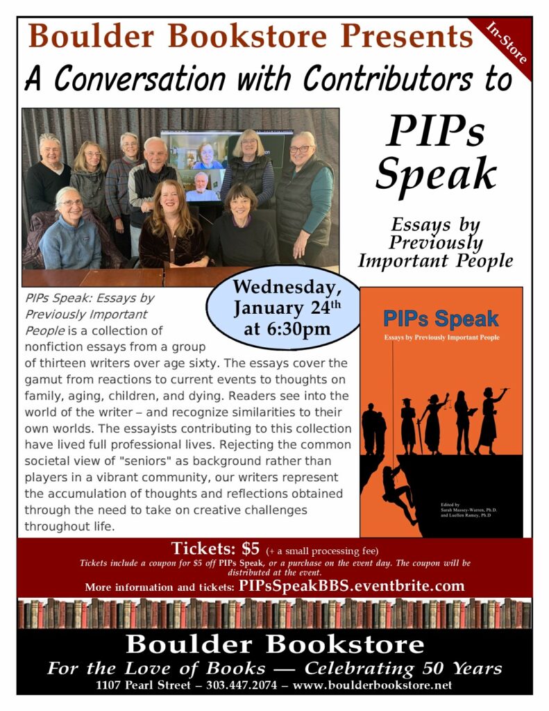 Flyer for book signing at Boulder Bookstore for PIPs Speak, January 24, 2024