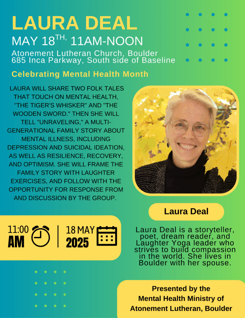 A flier about Laura's storytelling on May 18th, 2025 in Boulder.