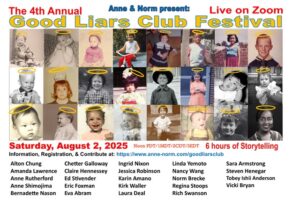 Flyer for the Good Liars Club Festival on August 2, 2025 with photos of the storytellers as children.